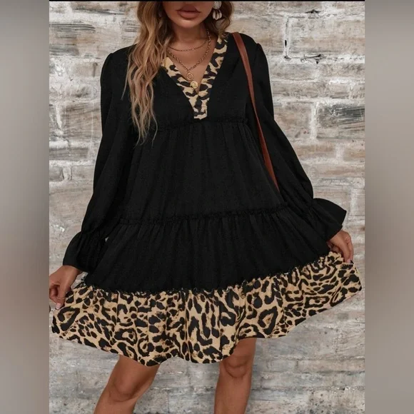 Leopard Print Ruffle Smock Dress - Picture 1 of 3